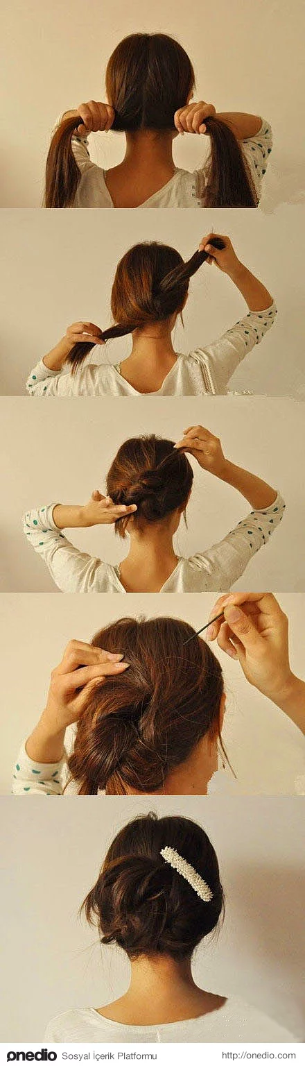 Saçınızı ortadan ikiye ayırın, daha sonra düğüm atarmış gibi iki yandan burun uçlarını ters istikametten saçınızın içine saklayın ve tel toka yardımı ile tutturun.